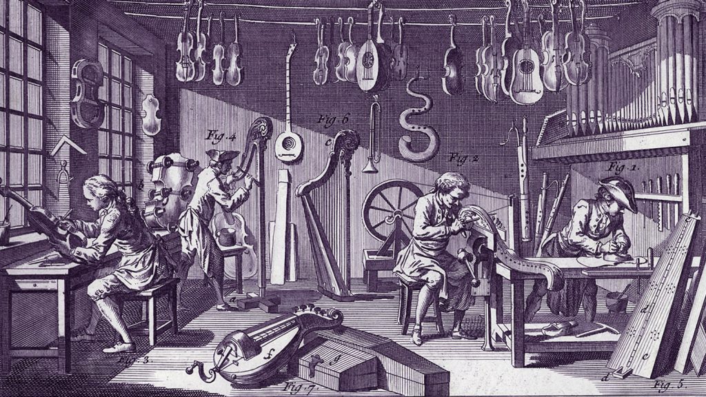 Blick in die Werkstatt eines Geigen- und Instrumentenbauers des 18. Jahrhunderts  Gravur