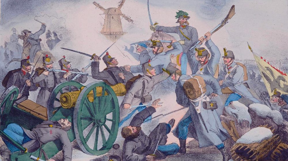 Erstürmung des Königshügels durch österreichische Truppen CC BY-SA 4.0 Schleswig-Holsteinische Landesbibliothek - Landesgeschichtliche Sammlung