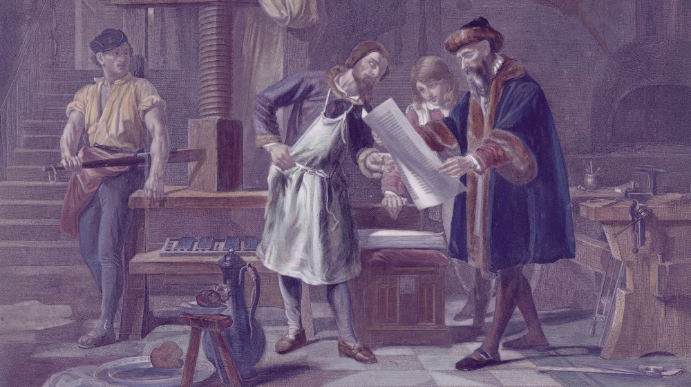 Druckerei Johannes Gutenbergs, nach einem Gemälde von Frédéric-Désiré Hillemacher