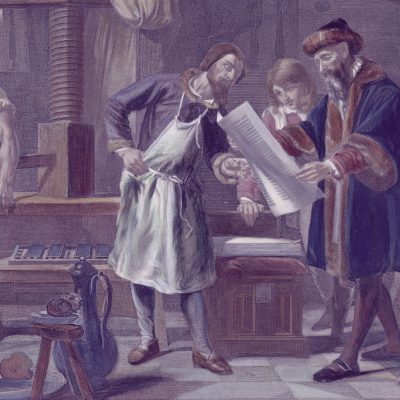 Druckerei Johannes Gutenbergs, nach einem Gemälde von Frédéric-Désiré Hillemacher