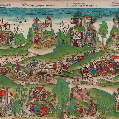  Zeitgenössische Darstellung im Bauernkrieg zerstörter Burgen im „Bamberger Burgenbuch“ (Foto: Staatsbibliothek Bamberg, CC BY-SA 4.0)