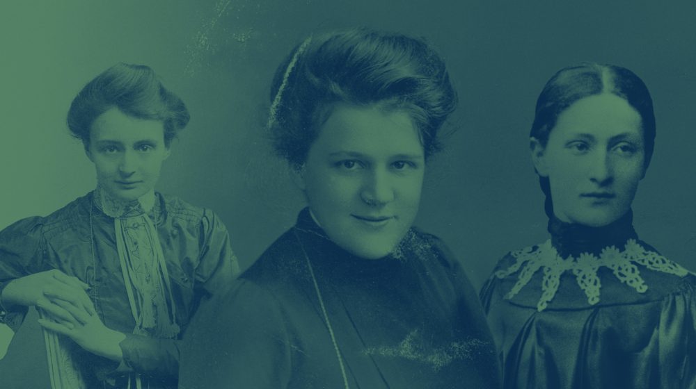 Collage: Drei der ersten Studentinnen: Else von der Leyen, Johanna Kappes, Rahel Goitein (Quellen: Ehrenburg CC-BY-SA, Stadtarchiv Nürnberg C 21/VII Nr. 183, Stadtarchiv Karlsruhe)