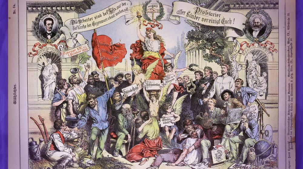 Illustration aus der Zeitung „Glühlichter“ mit den Forderungen der Arbeiter zum 1.Mai 1892 (Quelle: Österreichische Nationalbibliothek)