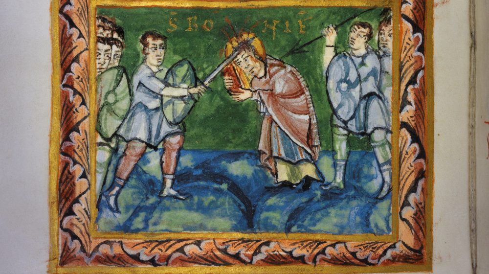 Märtyrertod Bonifatius‘ im Sakramentar (Quelle: Staatsbibliothek Bamberg)