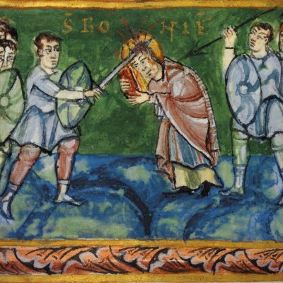 Märtyrertod Bonifatius‘ im Sakramentar (Quelle: Staatsbibliothek Bamberg)