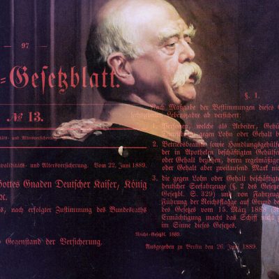 Collage: Gemälde von Anton von Werner und Reichsgesetzblatt zur Invaliditäts- und Altersversicherung (Quelle: public)