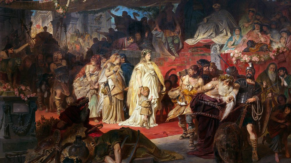 Thusnelda im Triumphzug des Germanicus, Gemälde von Carl Theodor von Piloty (Quelle: Neue Pinakothek München, CC BY-SA 4.0)