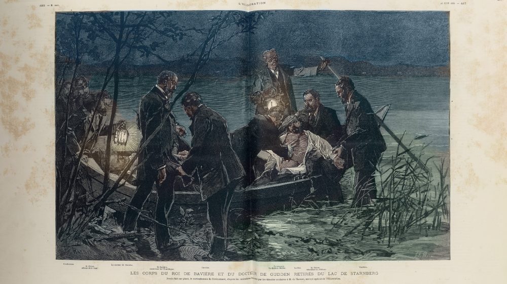 Der Leichnam Ludwigs II. auf dem Starnberger See (Quelle: BNF/Gallica, digital koloriert)