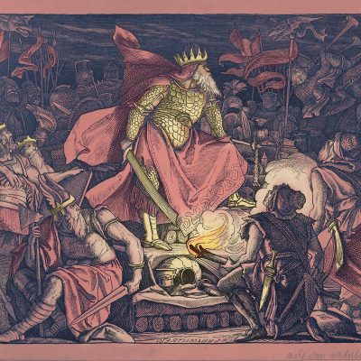 Attila nach der Schlacht, Holzschnitt von A. Ehrhardt (Quelle: Landesbibliothekszentrum Rheinland-Pfalz, CC BY-NC-SA 3.0, digital koloriert)  