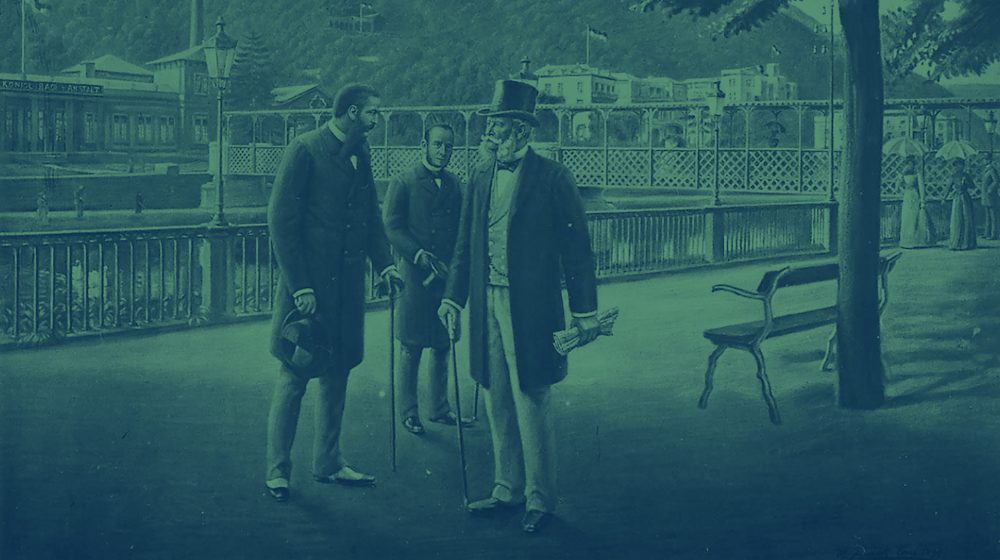 Postkarten-Illustration: Graf Lehndorff, Graf Benedetti, König Wilhelm I. (Quelle: Sammlung Prof. Dr. Sabine Giesbrecht)  