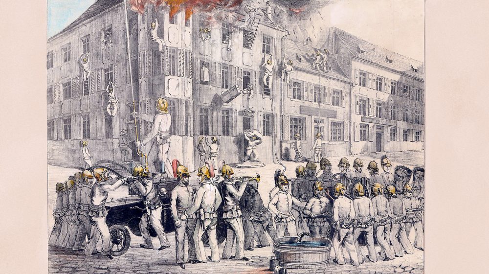 Löscheinsatz, teilkolorierte Lithographie um 1850 (Quelle: Stadtarchiv Karlsruhe)