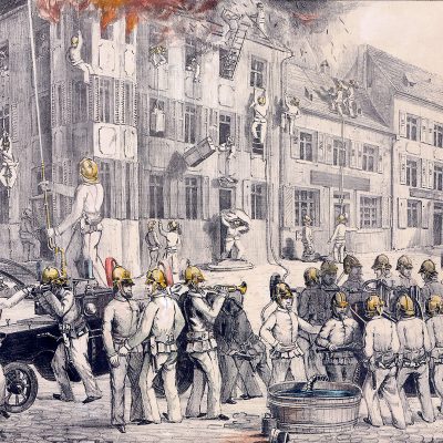 Löscheinsatz, teilkolorierte Lithographie um 1850 (Quelle: Stadtarchiv Karlsruhe)