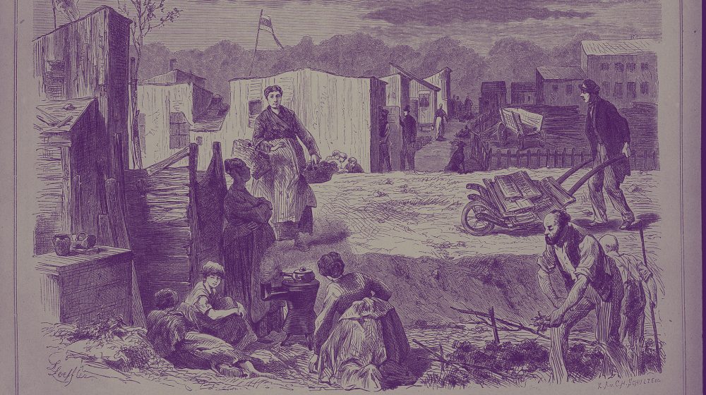 Hüttenquartier «Freistadt Barackia» am Planufer, Zeichnung von L. Loeffler (Quelle: Public)