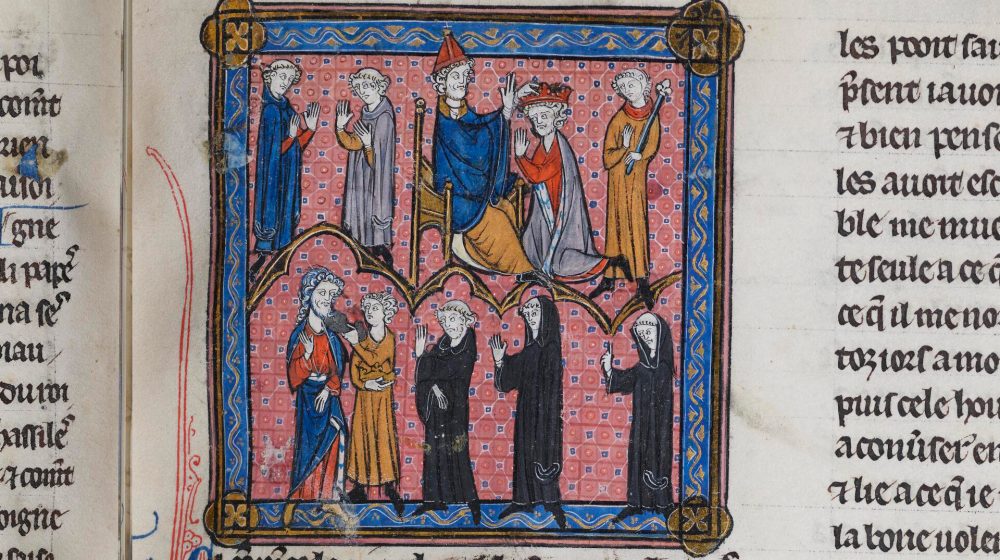 Krönung Pippins (oben) und Absetzung Childerichs (unten) in den Chroniques de Saint-Denis (Quelle: Bibliothèque Sainte-Geneviève Paris)