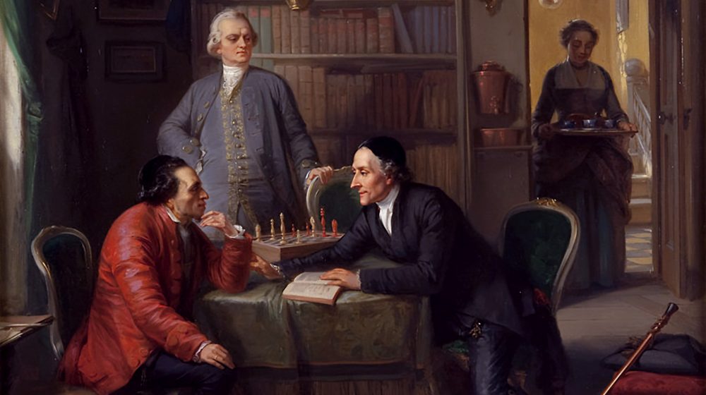 Mendelssohn links sitzend und Lessing stehend (Quelle: Public)