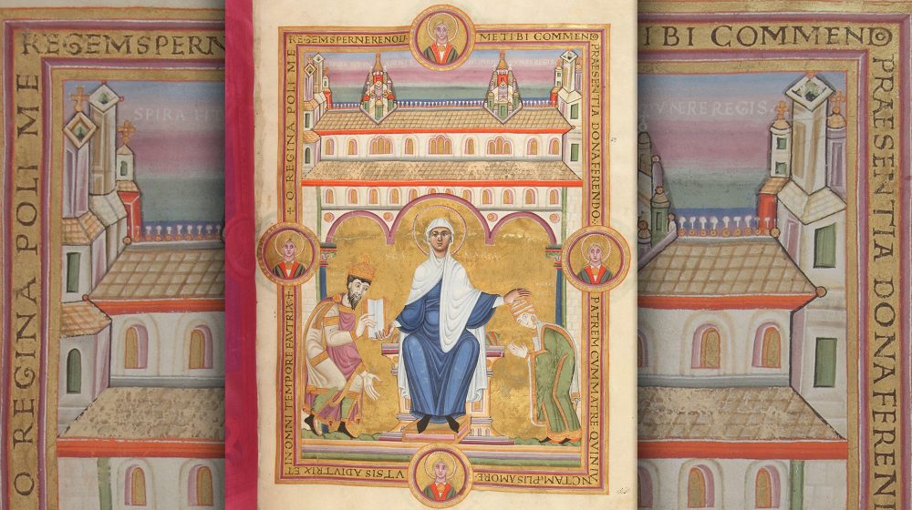 Erste Darstellung des Doms im Speyerer Evangeliar 1046 (Quelle: Patrimonio Nacional. Real Biblioteca del Monasterio de El Escorial, RBME Vitrinas 17)