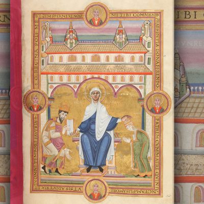 Erste Darstellung des Doms im Speyerer Evangeliar 1046 (Quelle: Patrimonio Nacional. Real Biblioteca del Monasterio de El Escorial, RBME Vitrinas 17)