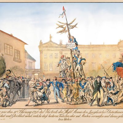 Freiheitsbaum in Zweibrücken, Gemälde von Johann Kaspar Pitz, Kupferstich von Hieronymus Löschenkohl (Quelle: Stadtmuseum Zweibrücken, CC BY-NC-SA)