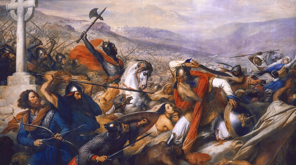 Karl Martell (links mit Axt) in der Schlacht von Tours und Poitiers, Gemälde von Carl von Steuben (Quelle: Galerie des Batailles/Versailles)