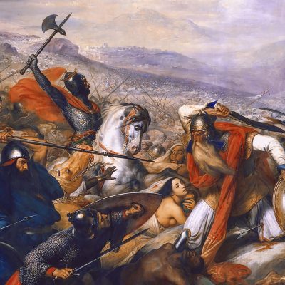 Karl Martell (links mit Axt) in der Schlacht von Tours und Poitiers, Gemälde von Carl von Steuben (Quelle: Galerie des Batailles/Versailles)