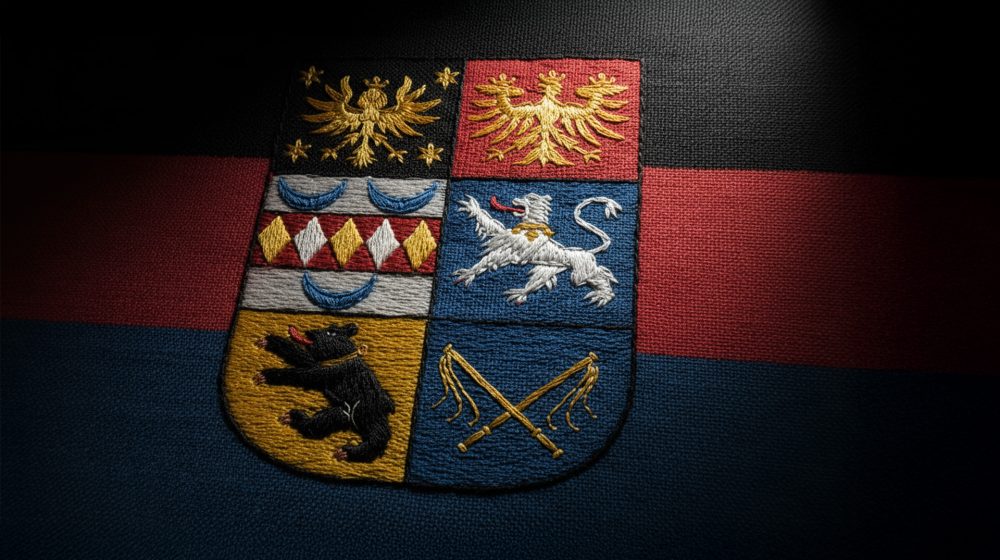 Wappen Ostfrieslands mit dem Wappen der Familie tom Brok oben rechts