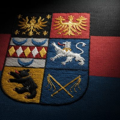 Wappen Ostfrieslands mit dem Wappen der Familie tom Brok oben rechts
