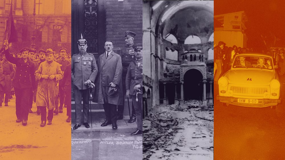 Collage: Schicksalstag der Deutschen (Quellen v.l.n.r.: National Archives and Records Administration, Bundesarchiv, Bild 102-00344A / Heinrich Hoffmann / CC-BY-SA 3.0, Center for Jewish History, akg-images / Frank Hensel)