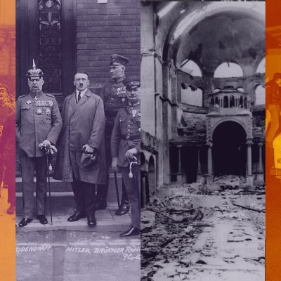 Collage: Schicksalstag der Deutschen (Quellen v.l.n.r.: National Archives and Records Administration, Bundesarchiv, Bild 102-00344A / Heinrich Hoffmann / CC-BY-SA 3.0, Center for Jewish History, akg-images / Frank Hensel)
