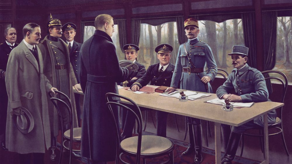 Unterzeichnung des Waffenstillstands bei Compiègne, Gemälde (vermutlich) von Maurice Pillard Verneuil (Quelle: Public)