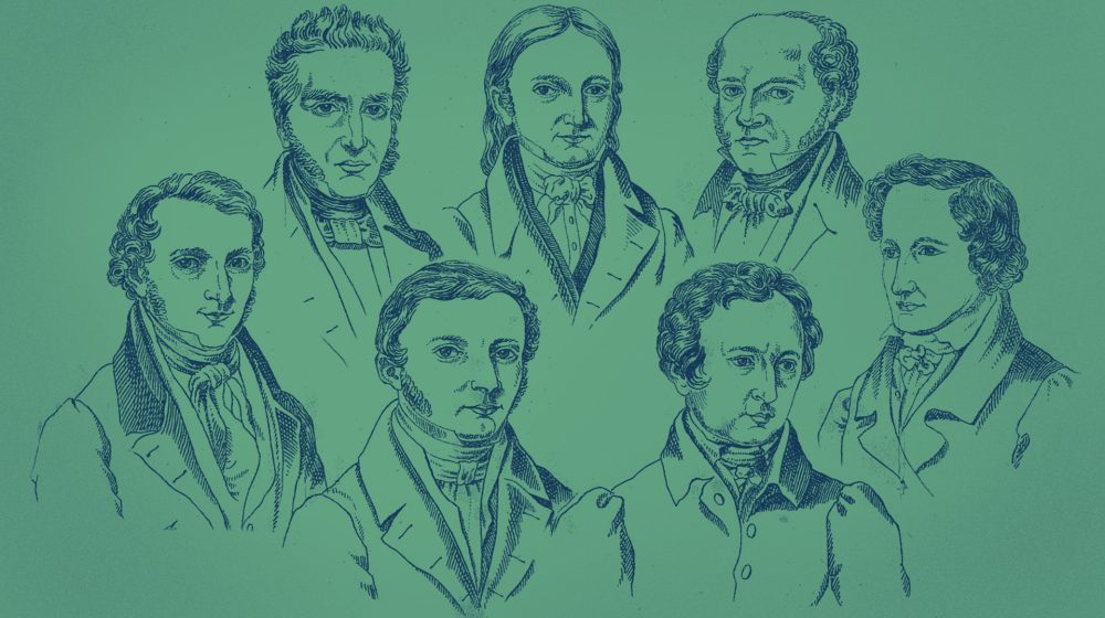 Göttinger Sieben v.l.n.r.: Ewald, Albrecht, Grimm, Grimm, Gervinus, Weber, Dahlmann (Quelle: Niedersächsische Staats- und Universitätsbibliothek Göttingen)