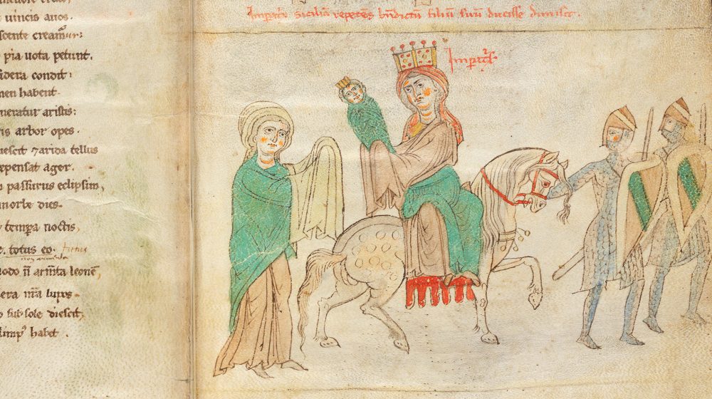 Kaiserin Konstanze übergibt ihren Sohn Friedrich der Herzogin von Spoleto zur Erziehung (Quelle: Liber ad honorem Augusti, Bern, Burgerbibliothek, Cod. 120.II)