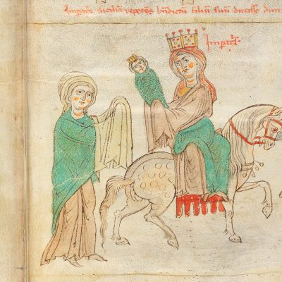 Kaiserin Konstanze übergibt ihren Sohn Friedrich der Herzogin von Spoleto zur Erziehung (Quelle: Liber ad honorem Augusti, Bern, Burgerbibliothek, Cod. 120.II)