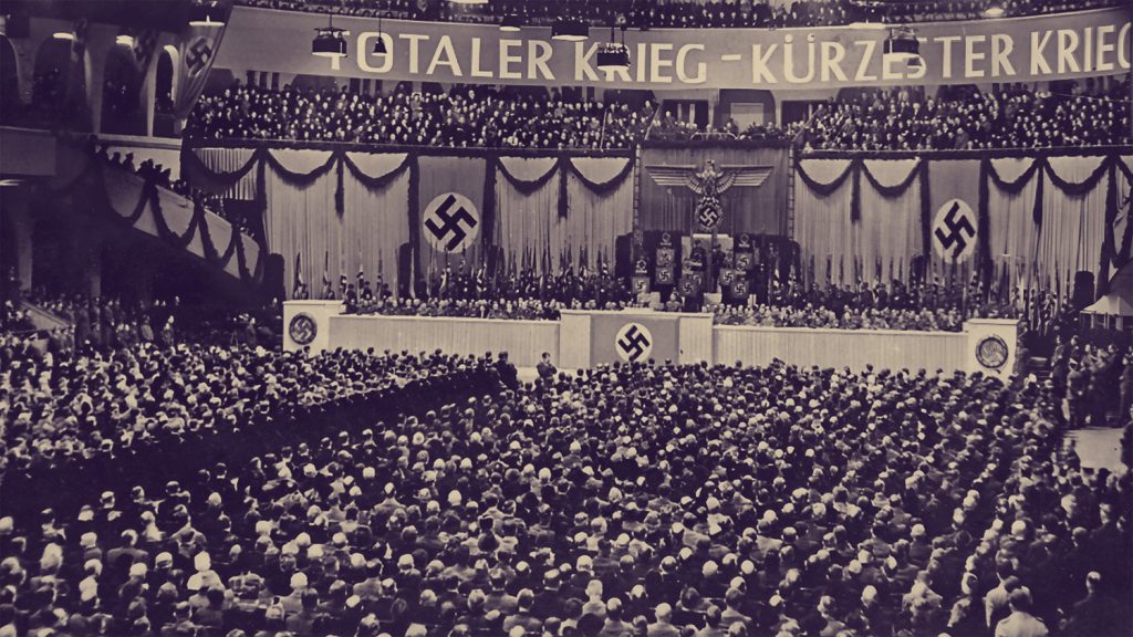 Photograph Reich Minister of Propaganda Joseph Goebbels announces total war in his speech at the Sportpalast