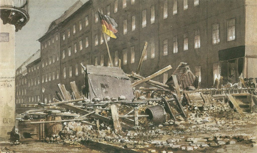 Barrikade in der Breiten Straße in Berlin, Gemälde von Eduard Gaertner, 1848 (Quelle: Eduard Gaertner, Public domain, via Wikimedia Commons)