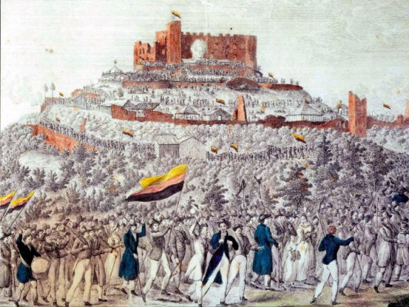 Bürger protestieren auf dem Hambacher Fest gegen die Fürstenherrschaft Zeichnung von Erhard Joseph Brenzinger, 1832 (Quelle: Public domain, via Wikimedia Commons)