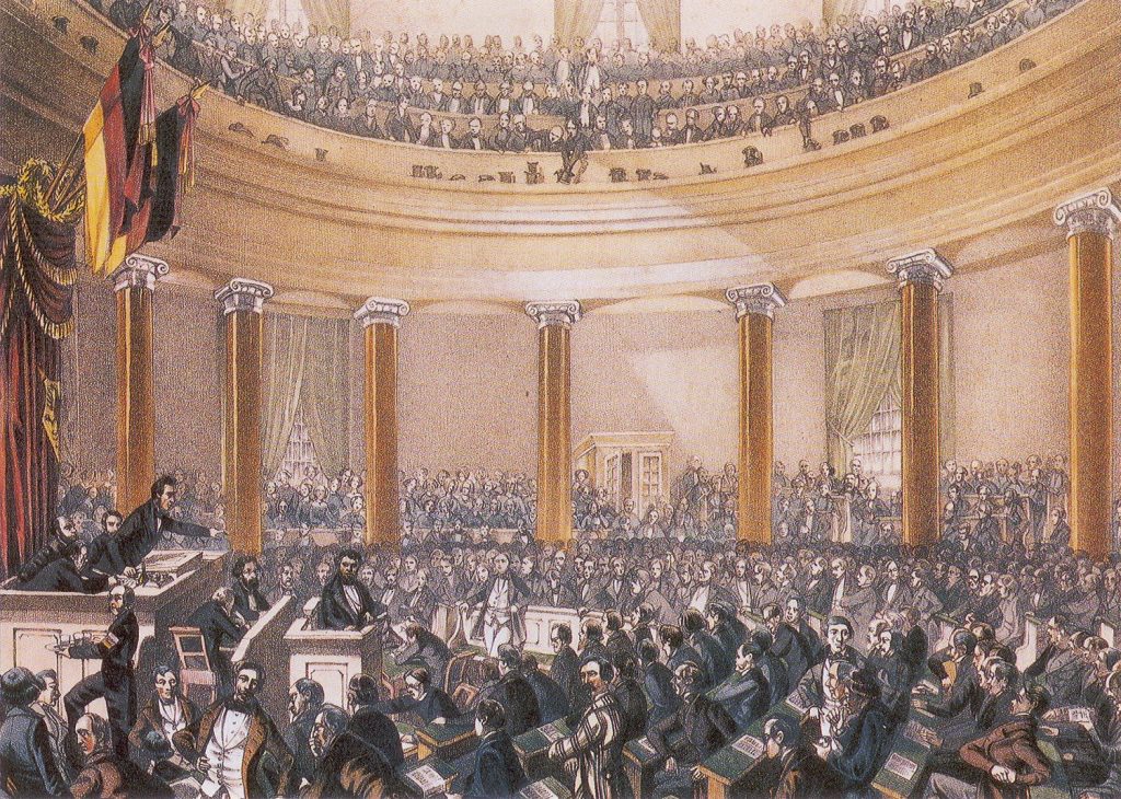 Frankfurter Nationalversammlung in der Paulskirche, Zeichnung von Ludwig von Elliott, 1848 (Quelle: Historisches Museum Frankfurt, Public Domian, via Wikimedia Commons)