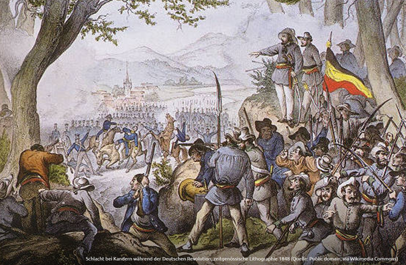 Schlacht bei Kandern während der Deutschen Revolution, zeitgenössische Lithographie 1848 (Quelle Public domain, via Wikimedia Commons)
